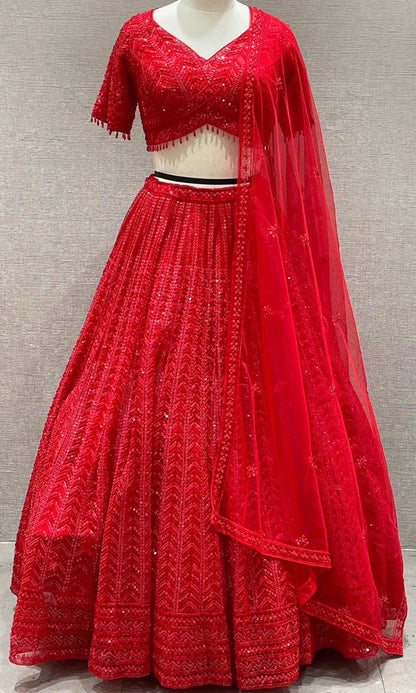 Ceremony Wear Full Sequence Work Red Lehenga Choli