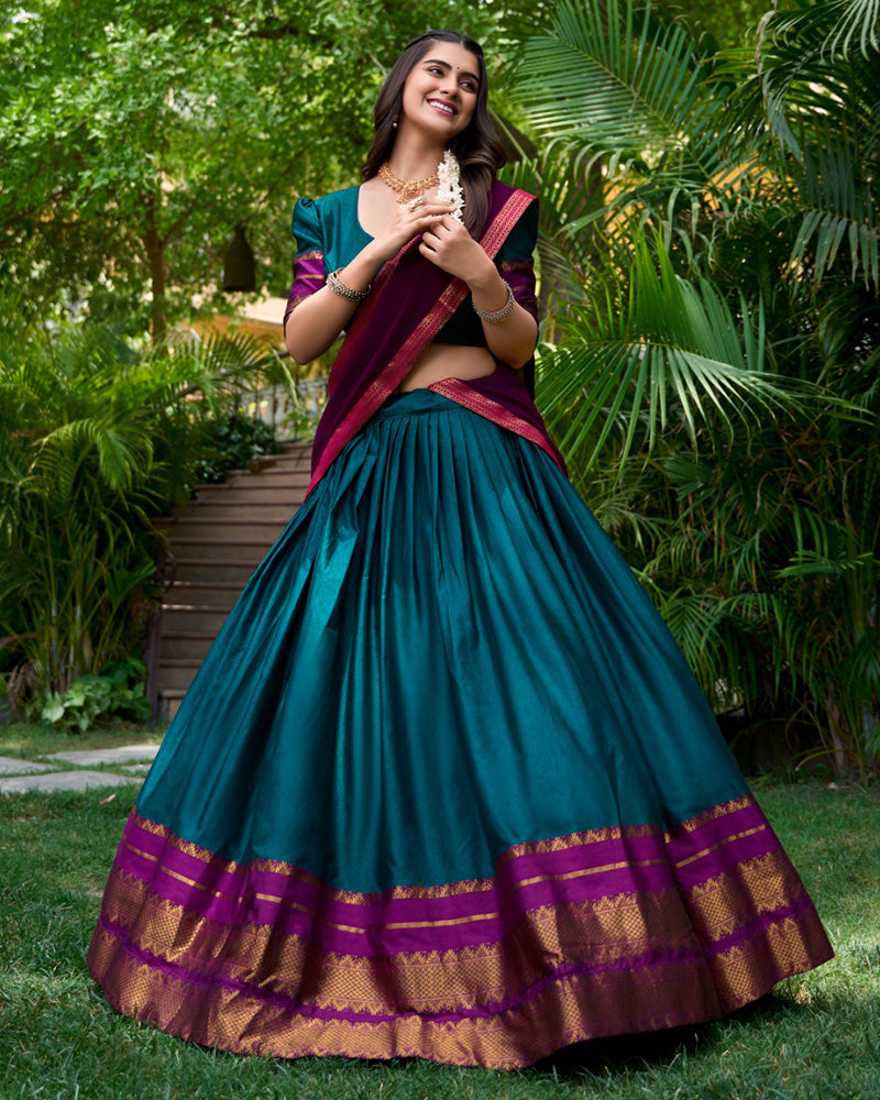 Tell Green Color Poly Cotton Half Saree Lehenga Choli