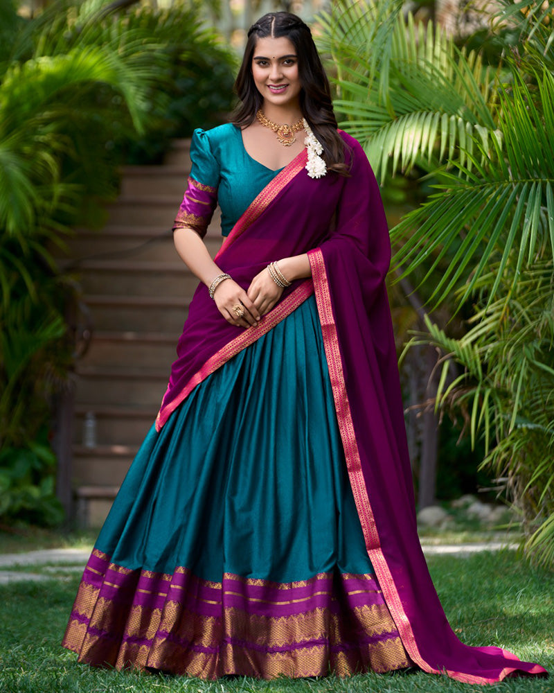 Tell Green Color Poly Cotton Half Saree Lehenga Choli